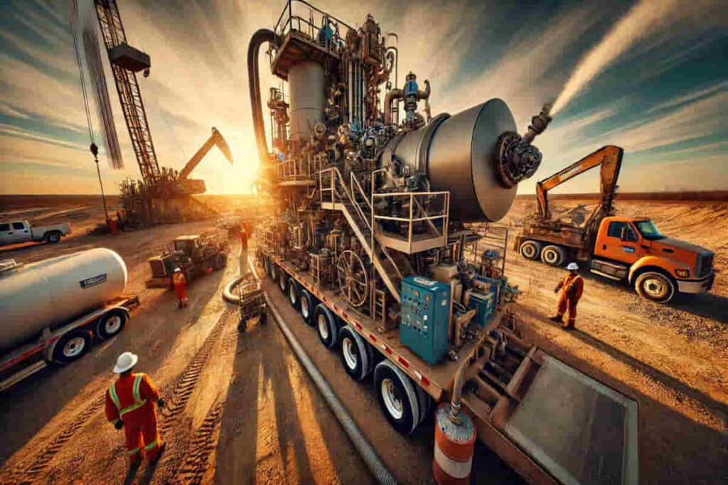 Large trailer-mounted frac blender operating at a fracking site during sunset, with workers monitoring the equipment.