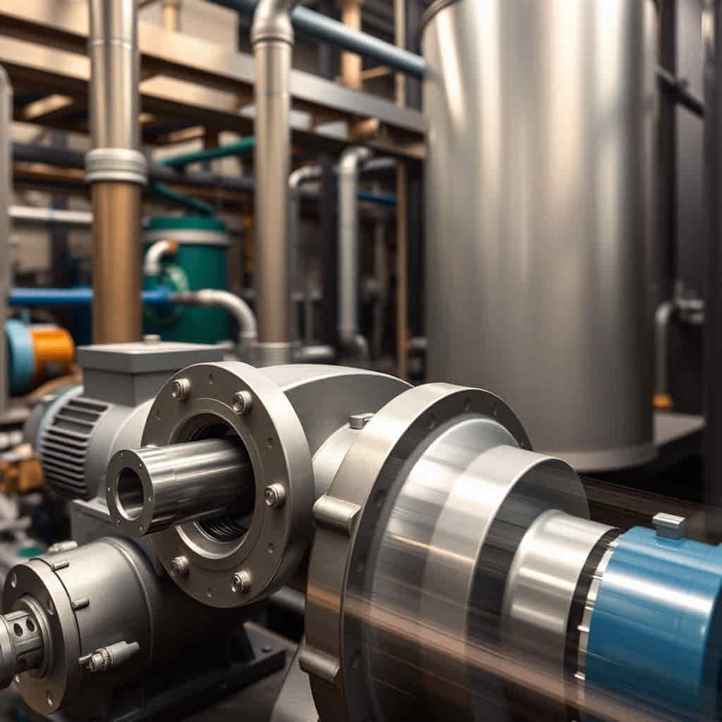 Industrial centrifugal suction pump in operation, transferring fluids through pipelines in a water treatment plant.