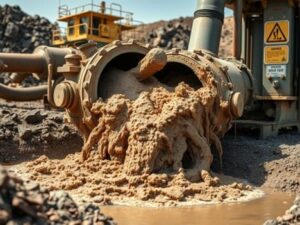 Slurry flowing from centrifugal slurry pump during active transport in open-pit mining operation.